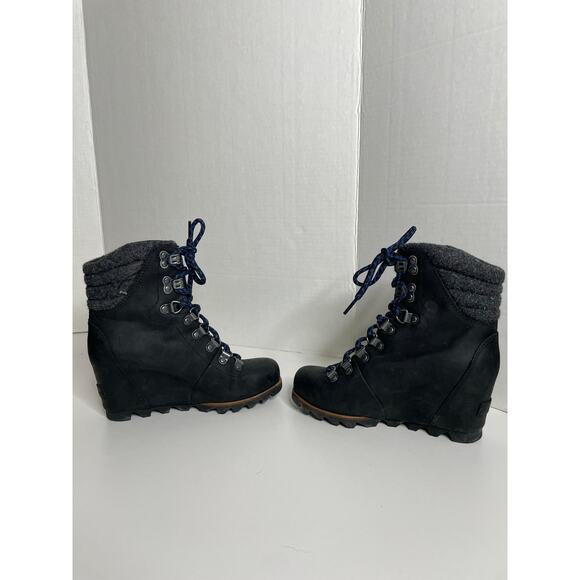 Sorel Conquest Wool Wedge Ankle Boots Womens Size 5 Black Leather Lace Up - Picture 4 of 7